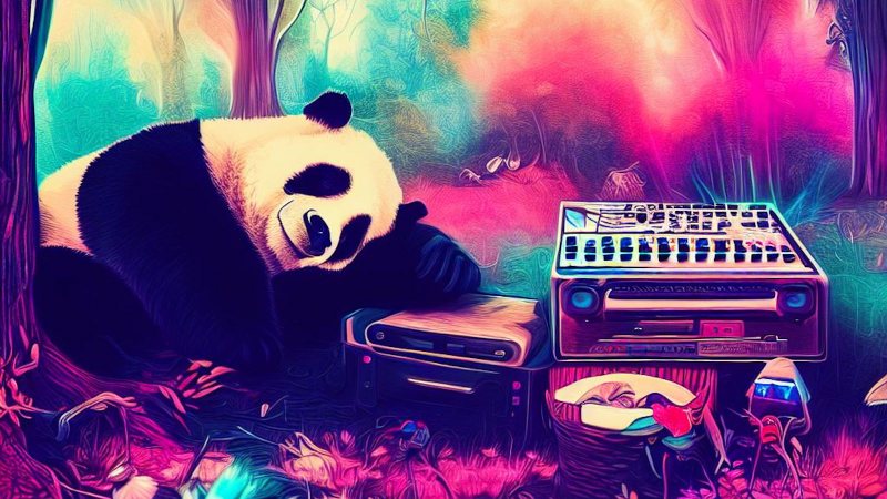 Panda sleeping near a DJ set in a forest