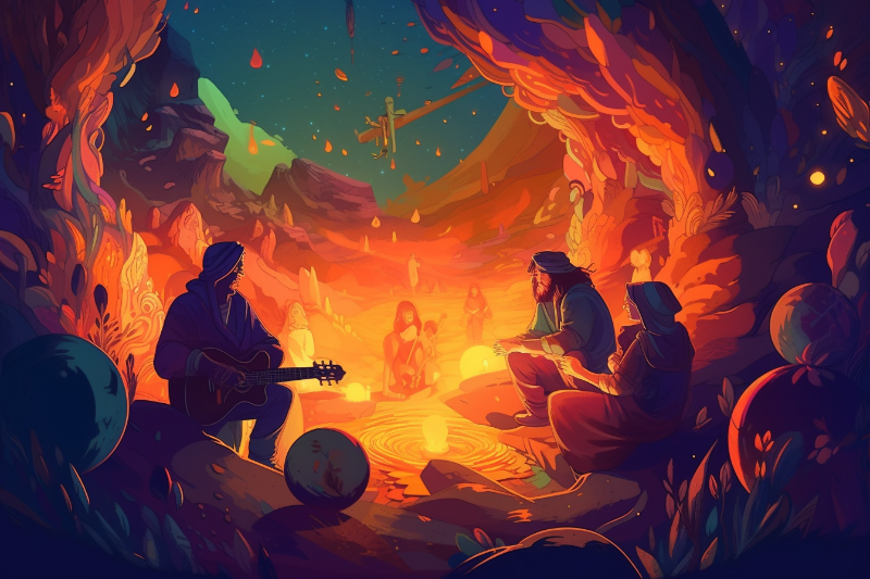 people playing music around a campfire