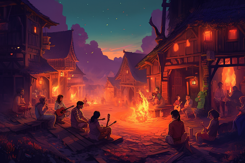 people playing music around a campfire