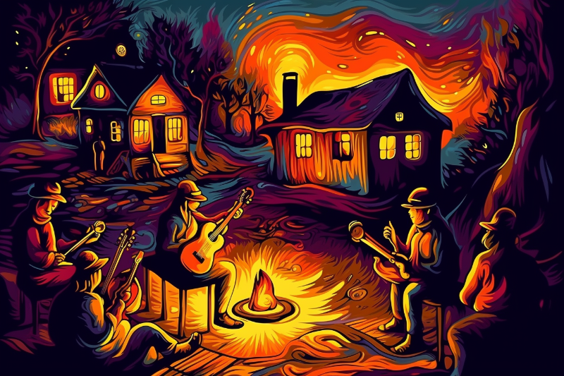 people playing music around a campfire