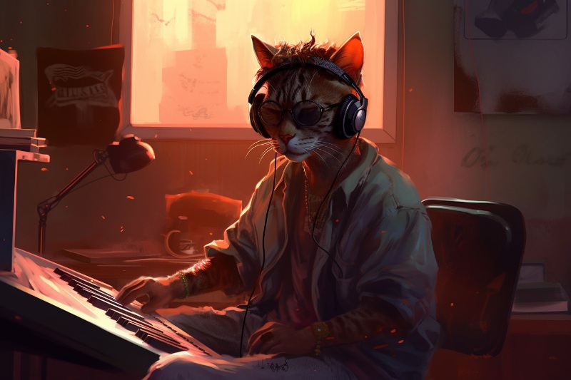 cat with sunglasses playing piano