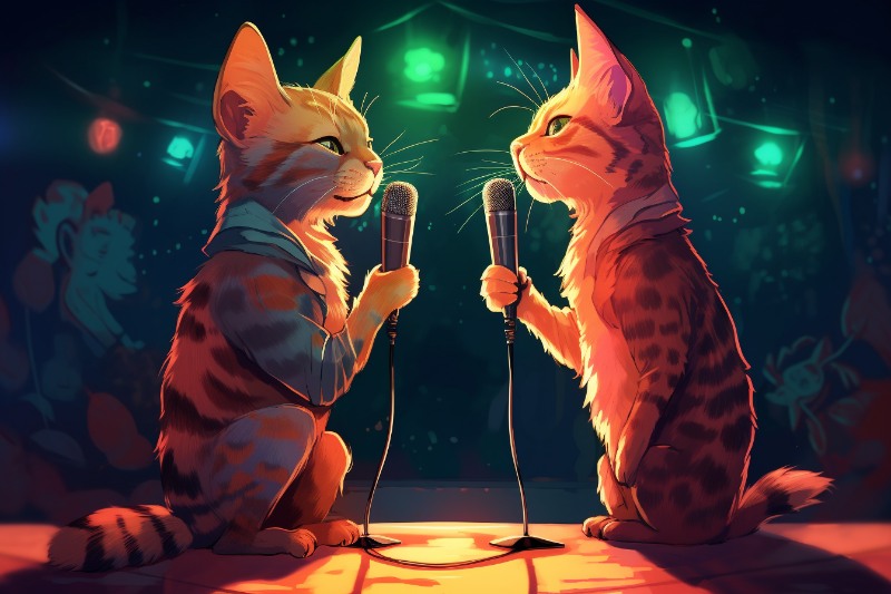 two cats singing on microphones