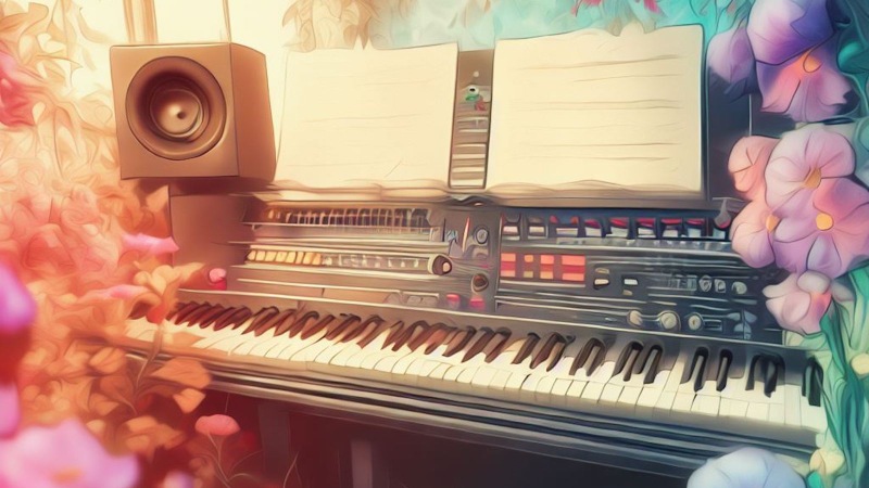 piano in a flower garden