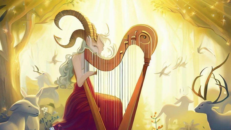 capricorn playing the harp in a magical forest