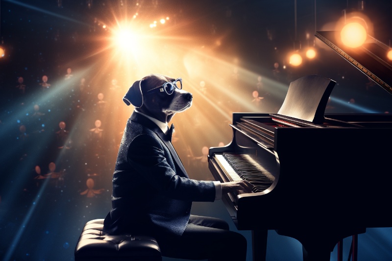 dog playing piano