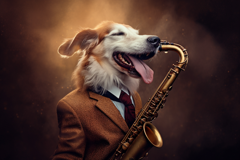 dog playing saxophone 