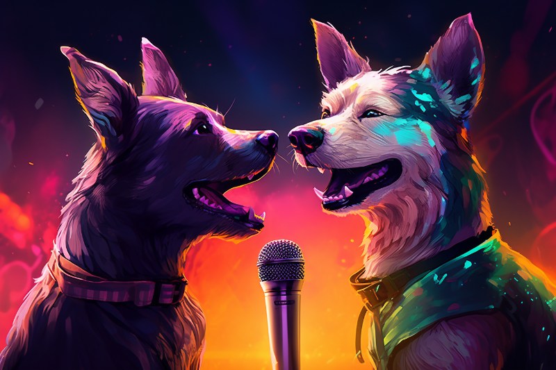 Dogs singing into a microphone