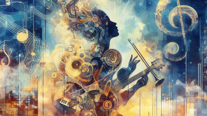 painting of a woman playing the trumpet in an artistic way