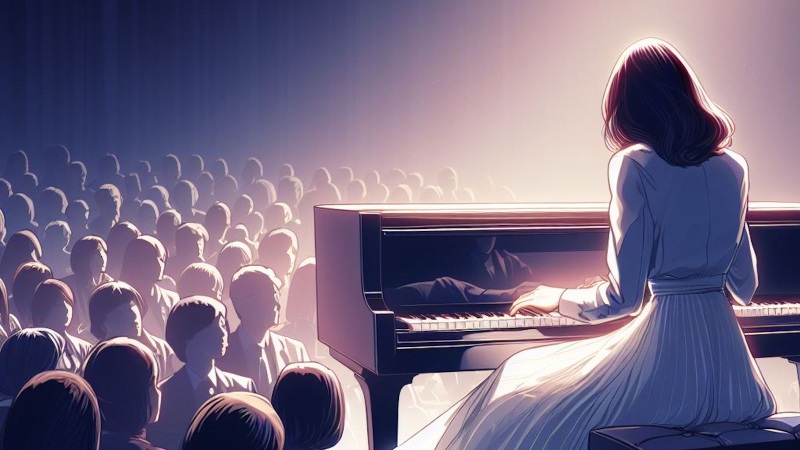 girl playing the piano on stage
