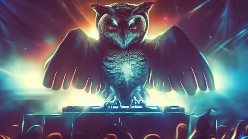 DJ owl performing on stage in front of a crowd