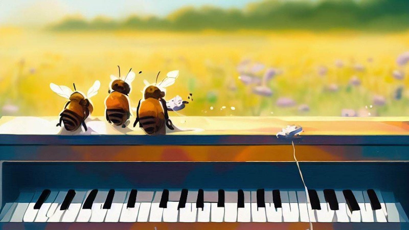 bees sitting on a piano in a meadow
