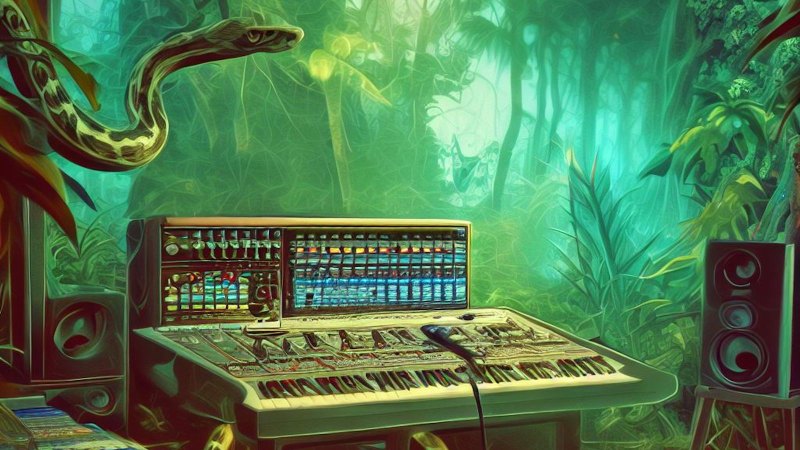 music studio in the jungle and a long snake slithering