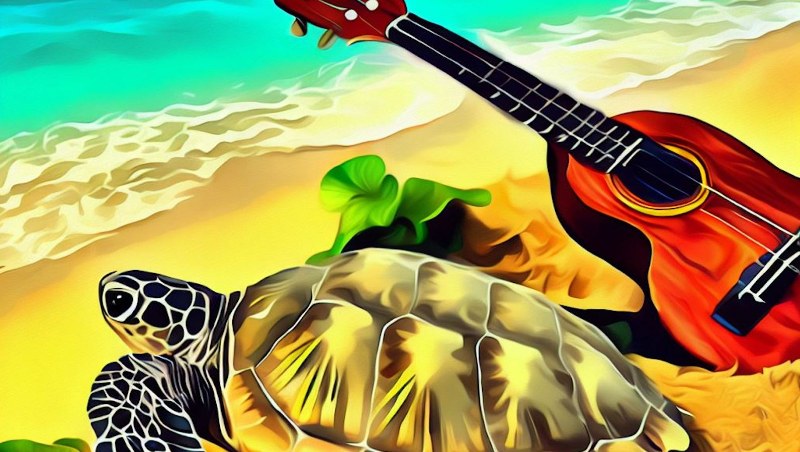 sea turtle and ukulele on the beach