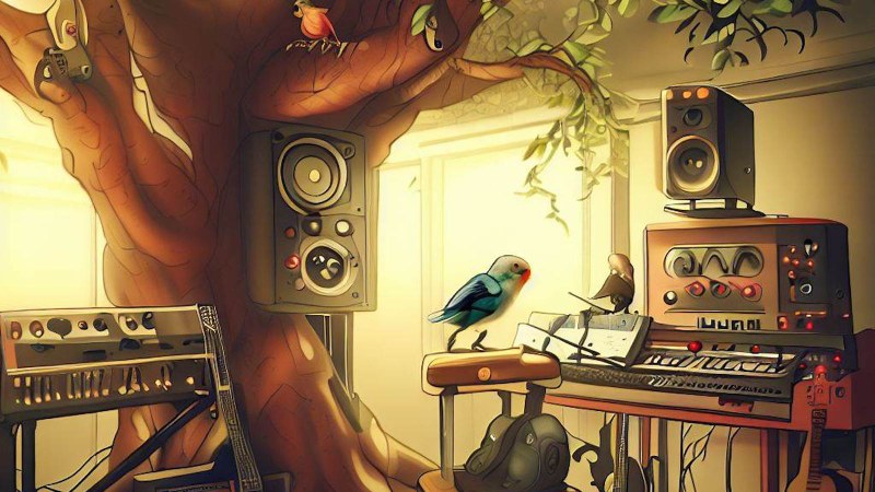 music studio in a treehouse with birds