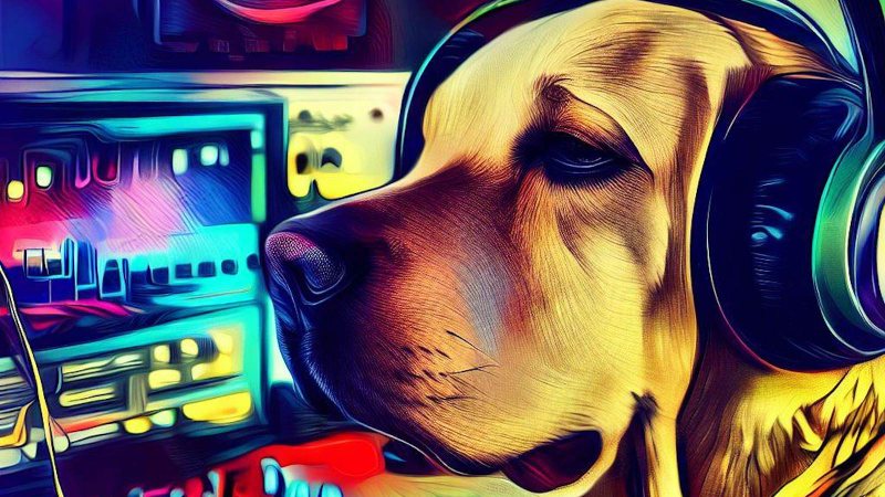 dog wearing headphones in the music studio