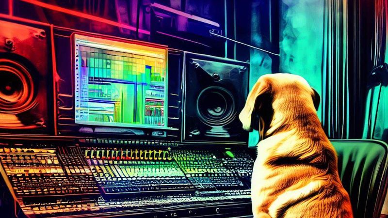 dog sitting by the DAW in music studio