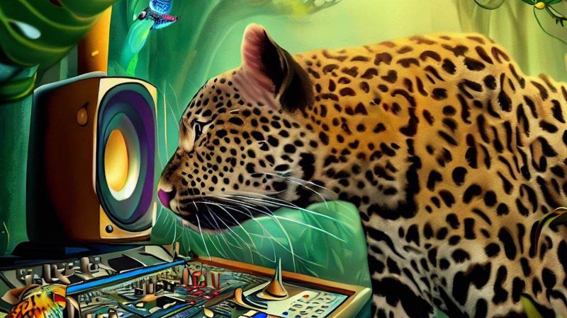 leopard sniffing around the music studio in the jungle