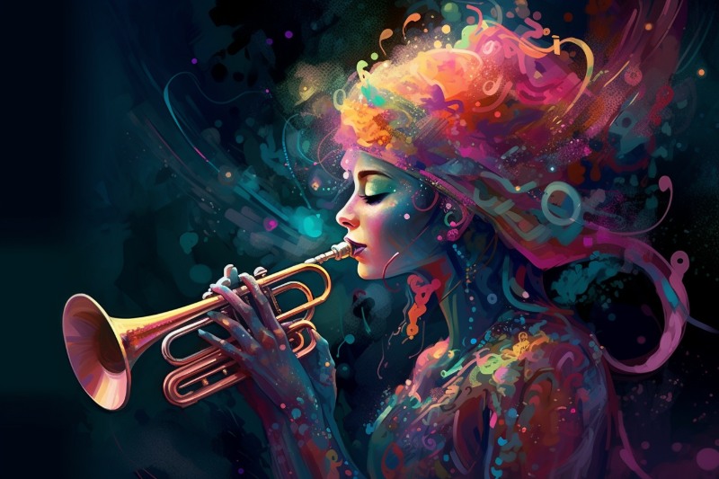 Girl robot playing trumpet