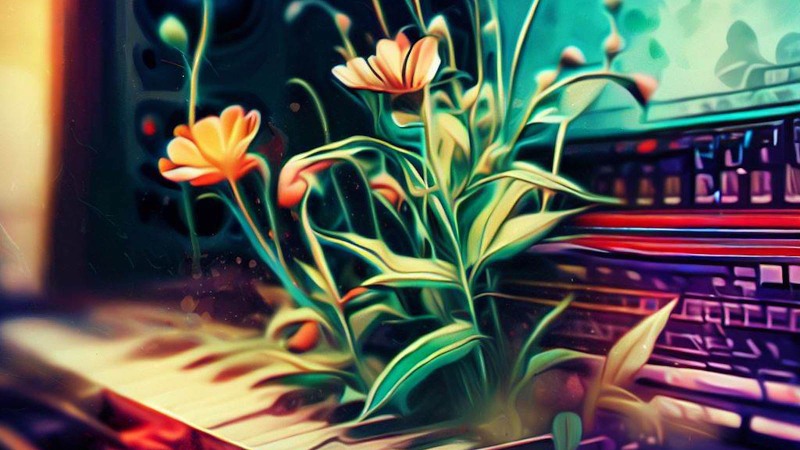 flowers growing on a piano