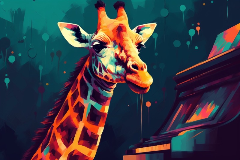 giraffe next to a piano