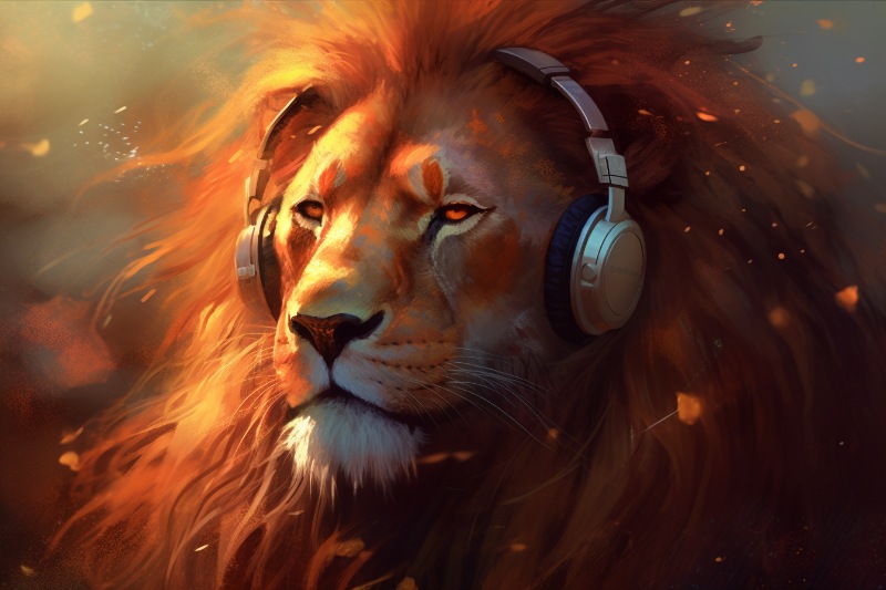 lion listening to music wearing headphones