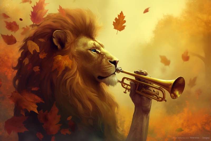 lion playing the trumpet