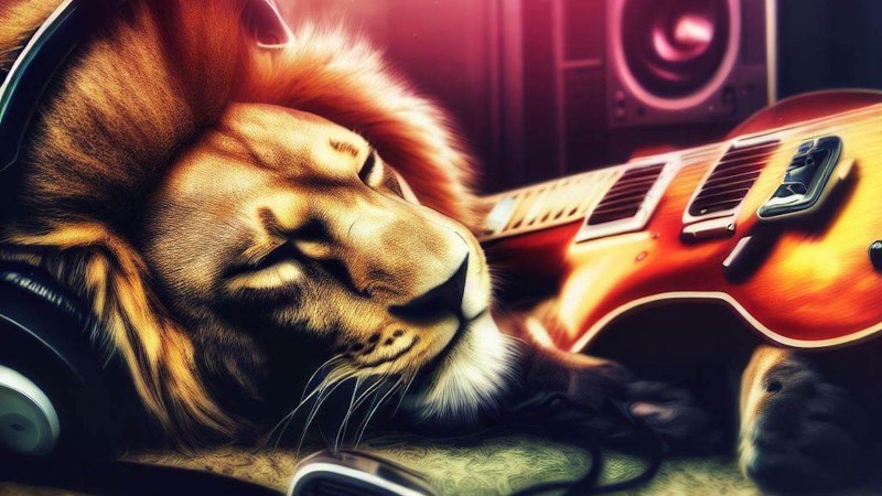 sleeping lion next to electric guitar