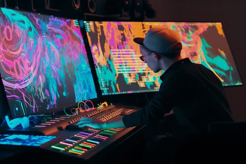 male producer sitting in a music studio