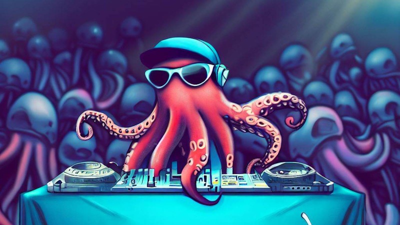 DJ octopus playing for jellyfish