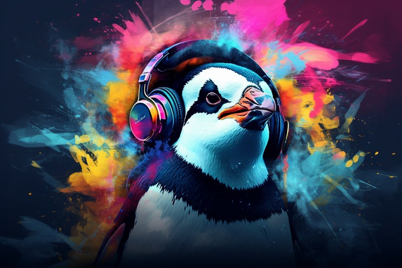 penguin with color splash wearing headphones