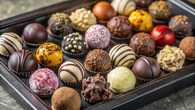 An assortment of gourmet chocolates in a box featuring different flavors and decorations