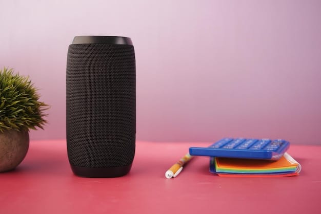 Smart speaker and keyboard with copy space on white background