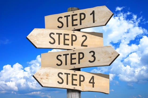 Step 1 2 3 4 wooden signpost with four arrows sky with clouds in background