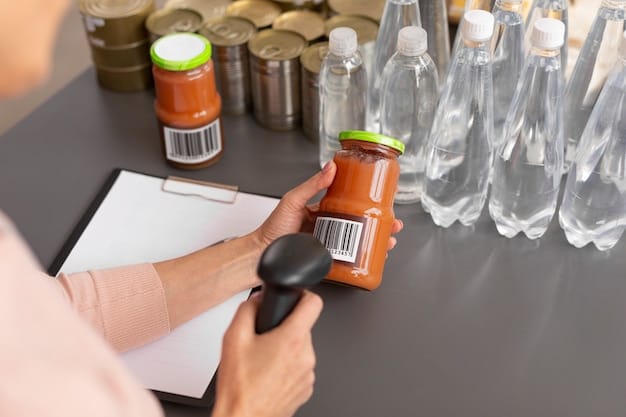 Volunteer scanning food donations for charity