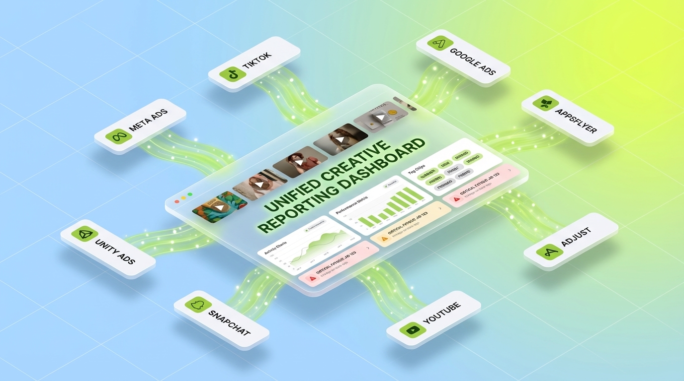 Image representing data flowing in from different ad networks into a central unified creative reporting dashboard