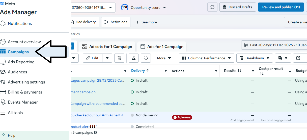 the left-hand menu, choose Campaigns.