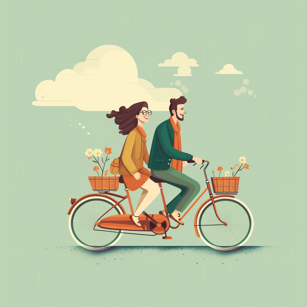 Two people on a tandem bicycle symbolizing synchronized environments in infrastructure, highlighting potential malfunction and crash due to lack of coordination.