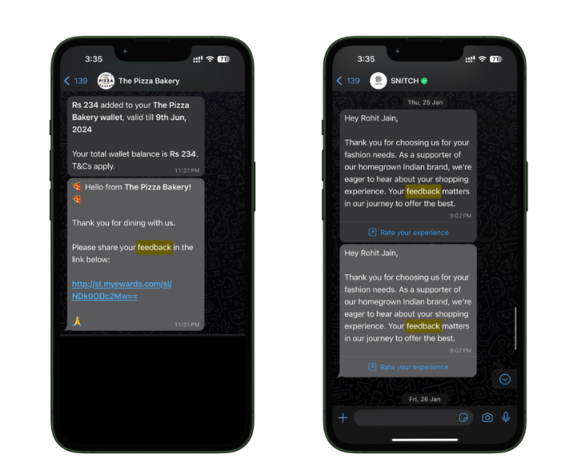 User based whatsapp comms for retention