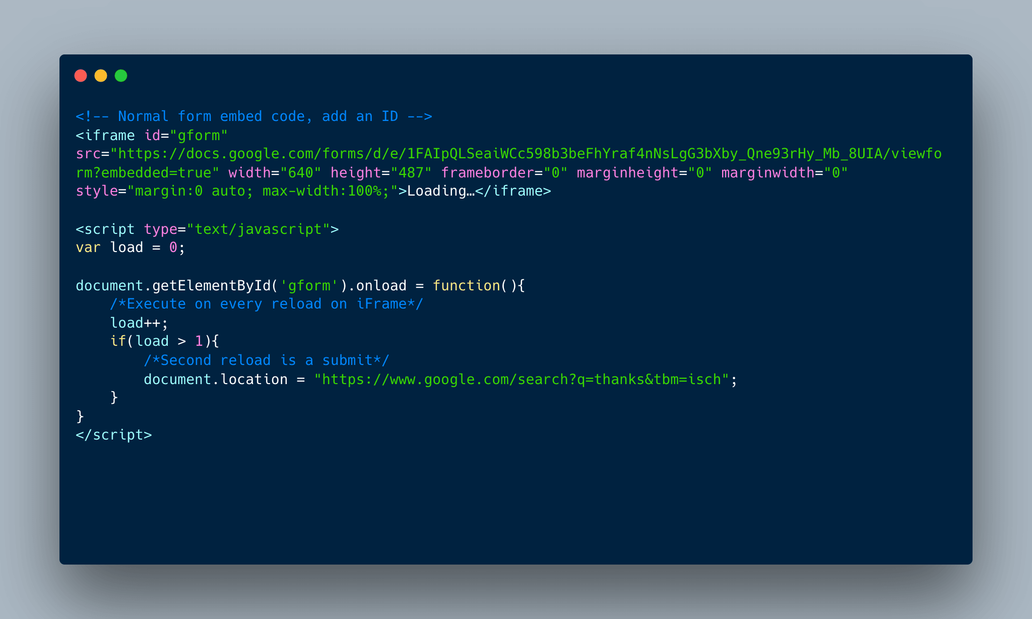 Google form redirect after submit (solution using embed code)
