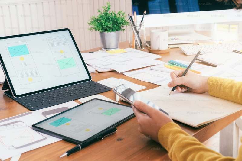 Web designer, UX UI designer design user interface of mobile phone application. Creative planning application development sketch layout wireframe design. User interface and User experience technology concept.