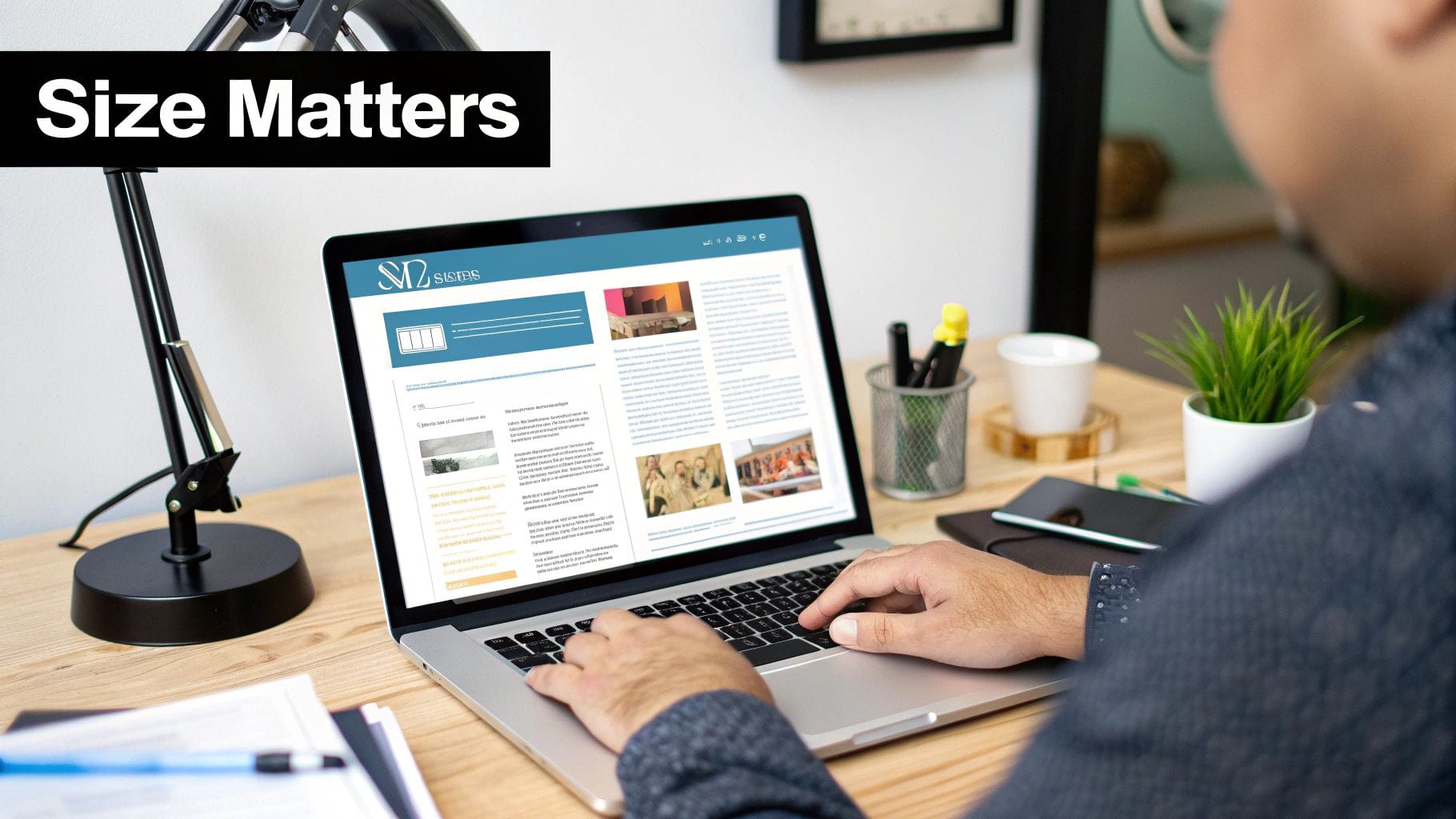 Image of a person working on their laptop choosing between different newsletter design templates