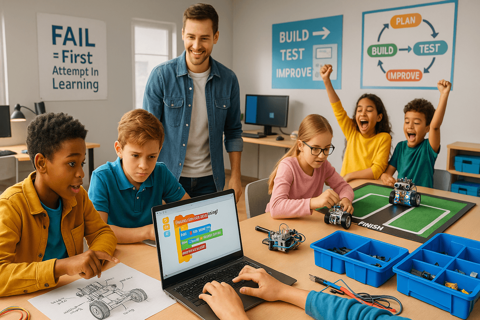 Students learning computer programming and robotics projects in STEM education classroom