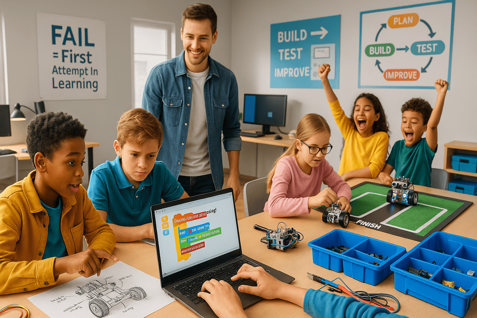 Students learning computer programming and robotics projects in STEM education classroom