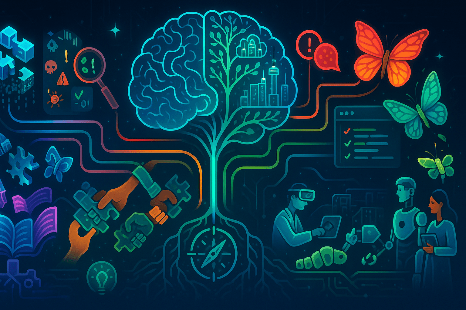 Palm‑tree styled hybrid brain graphic linking puzzle pieces, virtual collaboration and generative AI icons