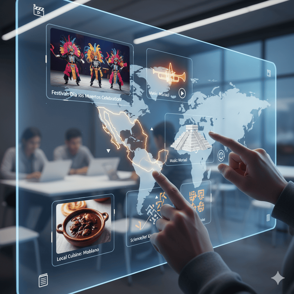 Hands interact with a transparent screen, exploring different countries with digital tools for a deeper understanding