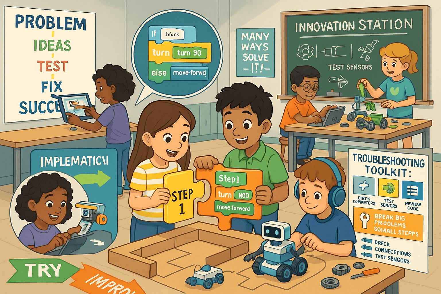 Kids learning robotics programming with visual coding blocks in STEM education classroom