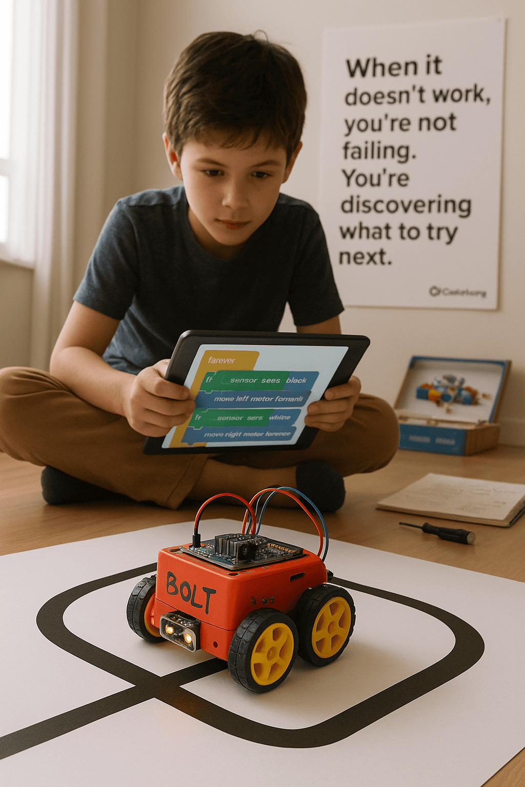 Student coding robots in robotics classes, building STEM skills, problem solving abilities, and computer programming