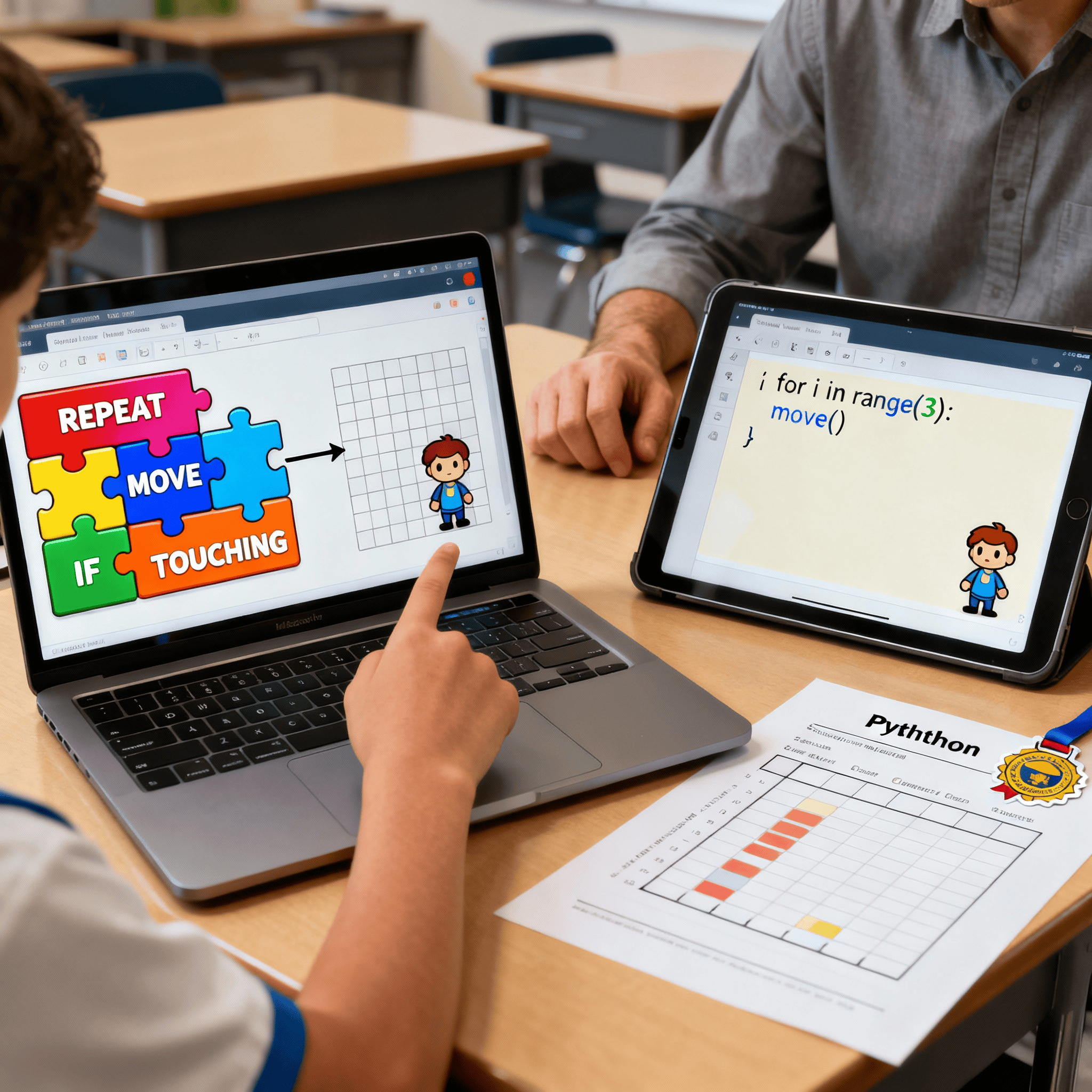 Excited student dragging a REPEAT code block to a coding games app on a tablet