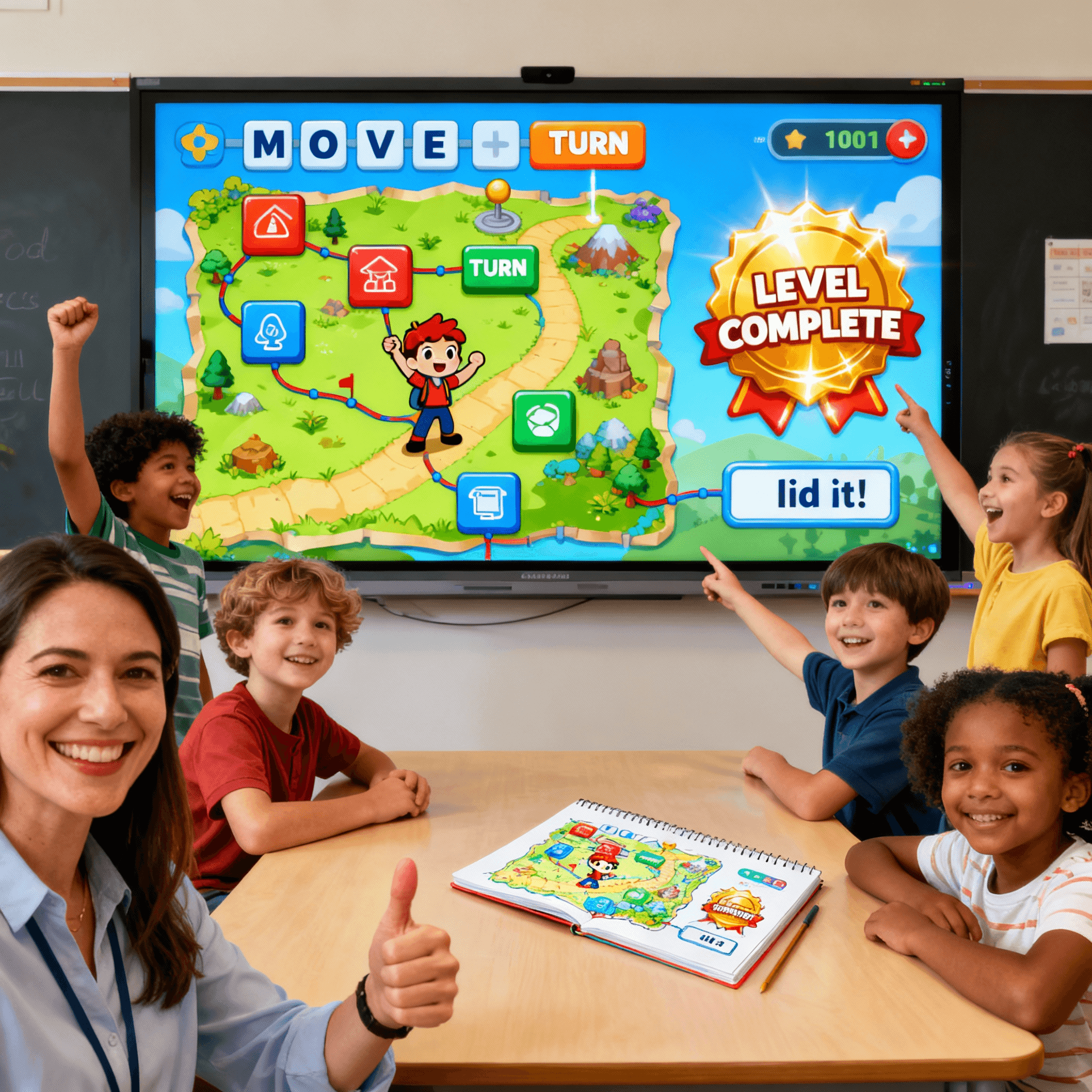 Students collaborate on a tablet, using MOVE, REPEAT, IF blocks to code the character. Play to learn
