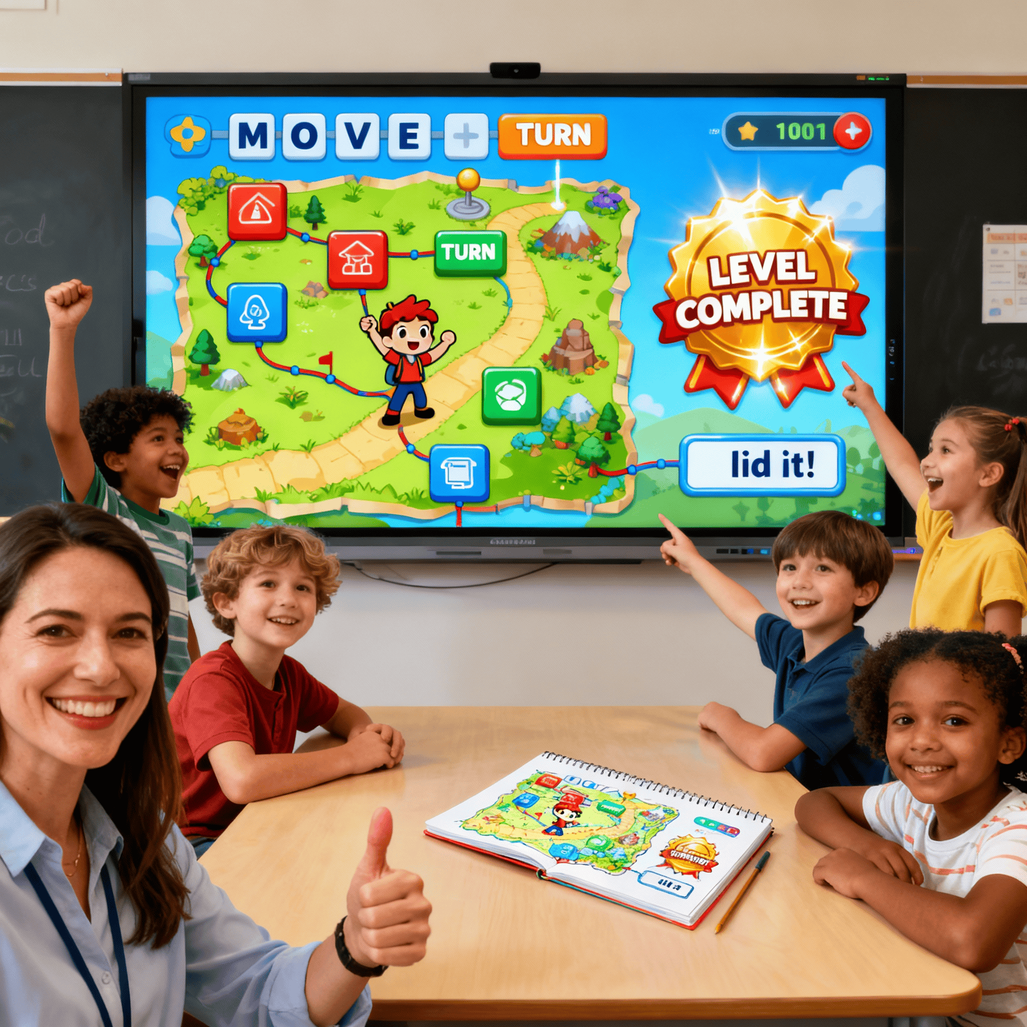 Students collaborate on a tablet, using MOVE, REPEAT, IF blocks to code the character. Play to learn